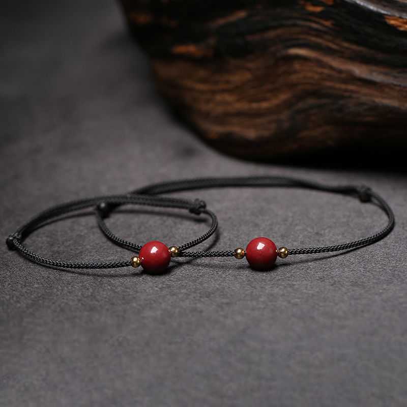 Bracelet Homme/femme En Perles Naturelles De Cinabre - Rouge - Fermeture élastique
