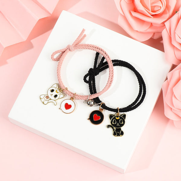 bracelet couple noir rose chat